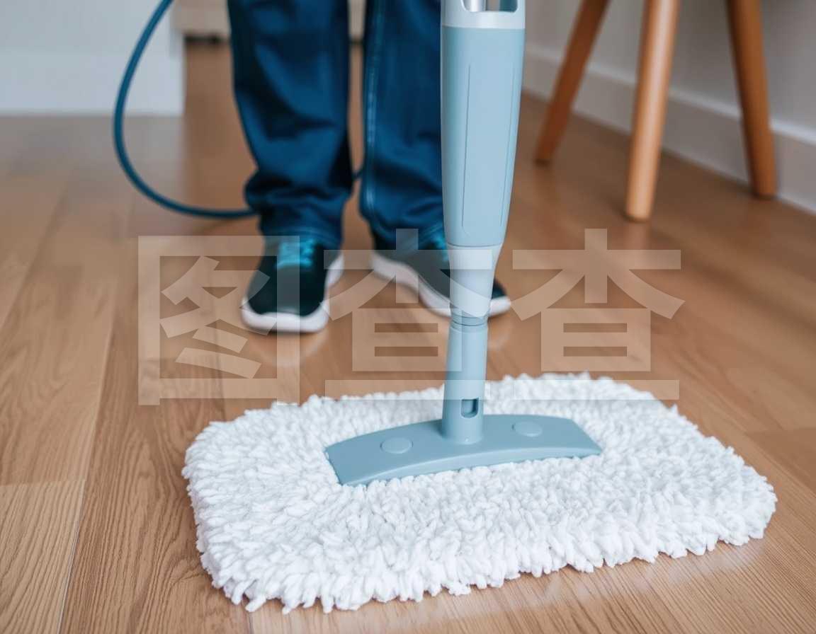 木制地板上的拖把和清潔設備